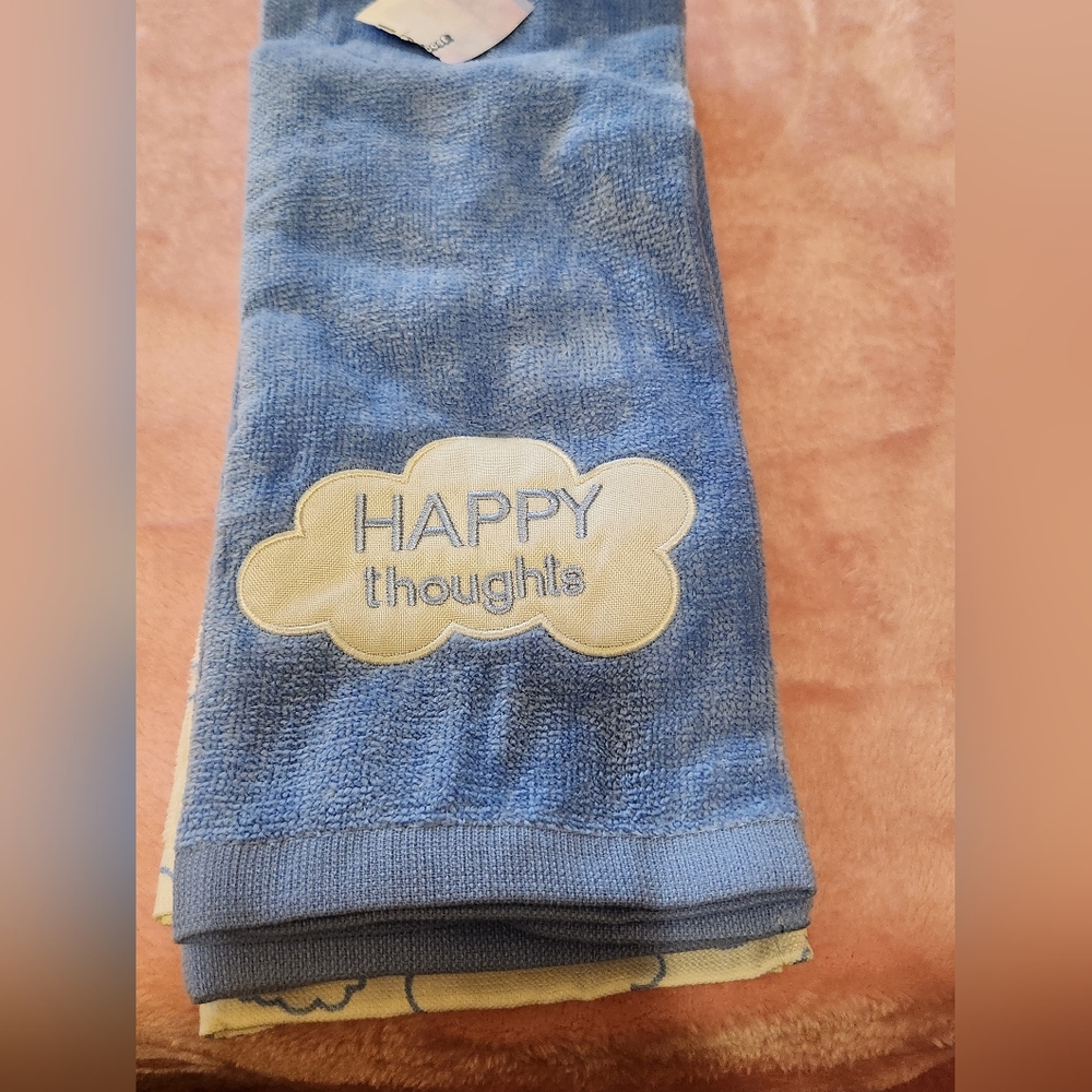 Blue Towel with 'Happy Thoughts' Embroidery/ 2 Pk